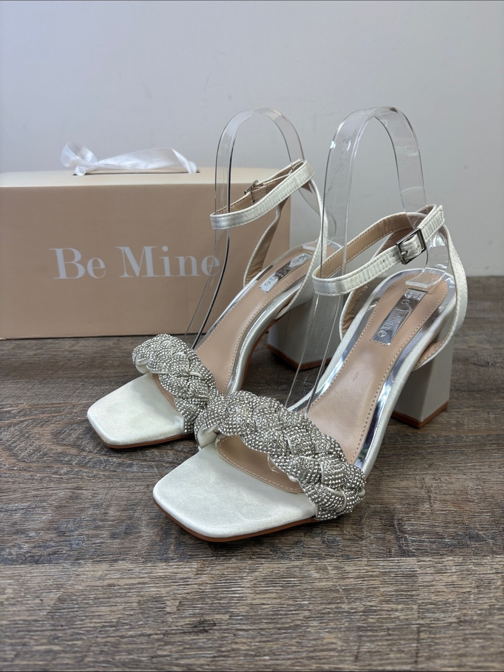 Be Mine Bridal Ada Update Ivory Satin Rhinestone Braided Block Heel Sandals  7